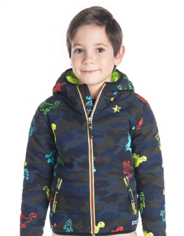 Unisex Kids Black & Charcoal Grey Camouflage Print Hooded Padded Jacket