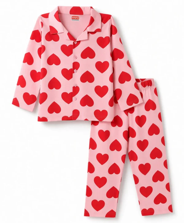 Cotton Knit Full Sleeves Front Open Shirt & Pyjama Night Suit with Heart Print - Red