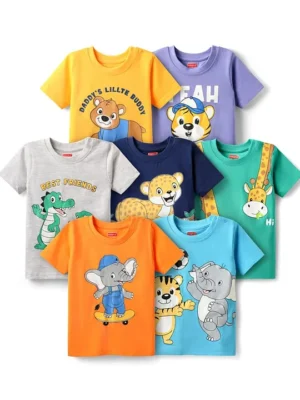 Babyhug Cotton Knit Half Sleeves T-Shirts With Animal Print Pack Of 7 - Yellow & Navy Blue