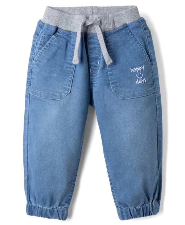 Denim Full Length Jogger Style Washed Jeans With Stretch & Embroidery - Blue