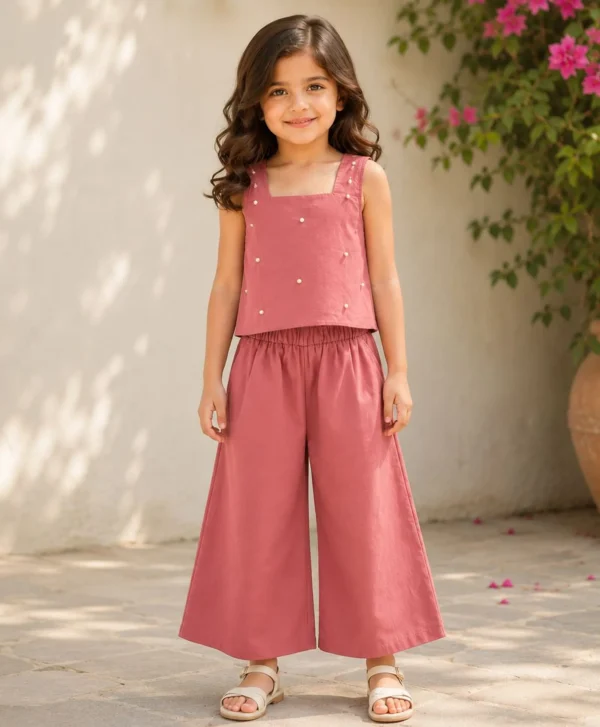 Woven Sleeveless Pearl Embellished Top & Palazzo Set - Peach