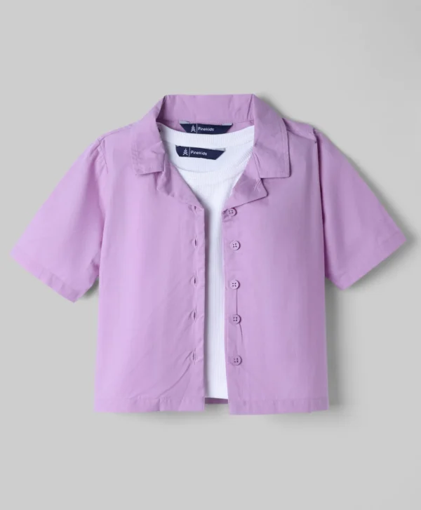 100% Cotton Knit Half Sleeves Solid Shirt Style Top With Inner Tee - Lavender