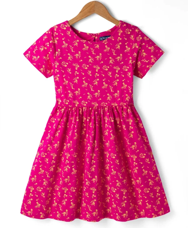 Cotton Knit One Piece Dress with Short Sleeves and Floral Print - Pink