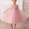 The Kids Club Cotton Blend Knit Three Fourth Puffed Sleeves Pearls Embellished Tulle Dress - Pink