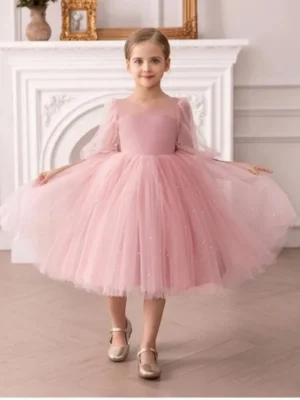 The Kids Club Cotton Blend Knit Three Fourth Puffed Sleeves Pearls Embellished Tulle Dress - Pink