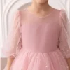 The Kids Club Cotton Blend Knit Three Fourth Puffed Sleeves Pearls Embellished Tulle Dress - Pink