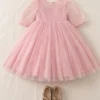 The Kids Club Cotton Blend Knit Three Fourth Puffed Sleeves Pearls Embellished Tulle Dress - Pink